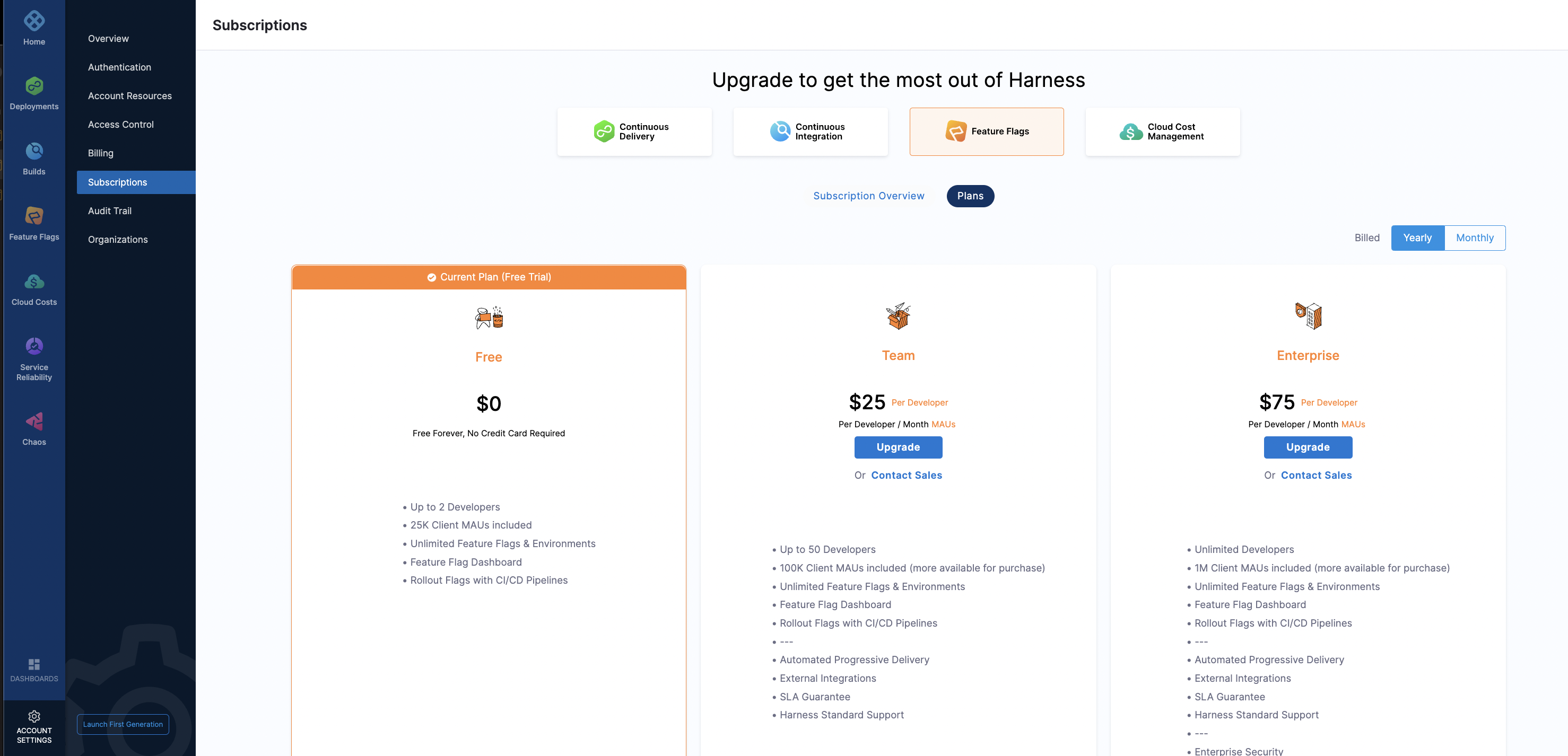 A screenshot of the Plans screen with three panels that review the differences between each plan and an option to upgrade. 