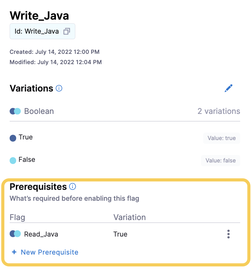 A screenshot of the Prerequisite flag added to the Write_Java flag.