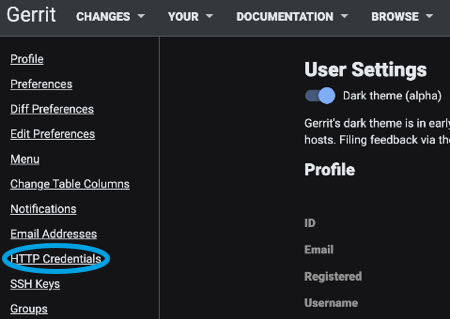 The Gerrit User Settings screen with the HTTP Credentials option indicated.