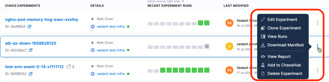 More options menu, showing **Add to ChaosHub** for an experiment